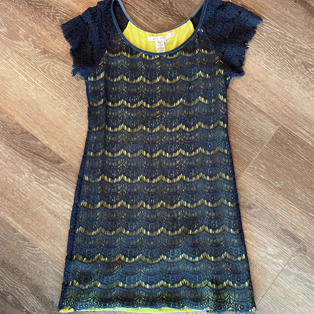 MAX STUDIO Size Large Navy and Lime Green Lace mini dress